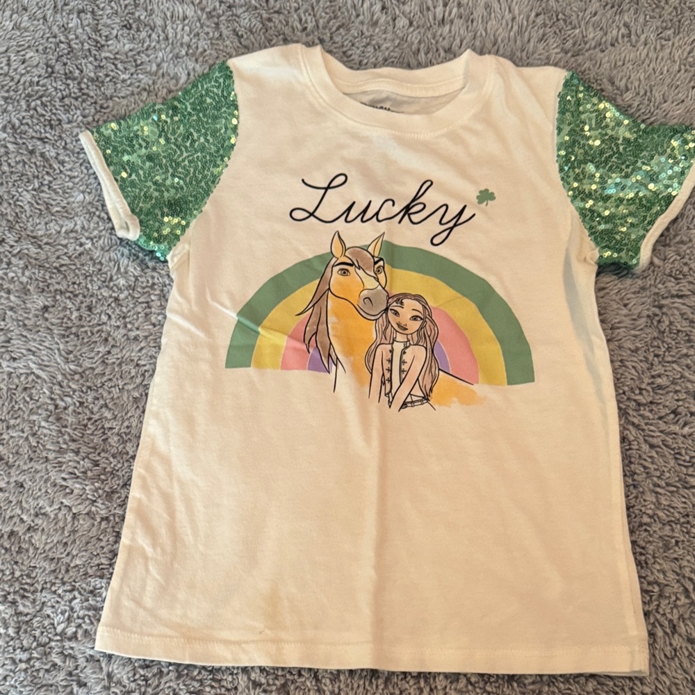 Dreamworks "Lucky" Tee with Green Sequin Sleeves